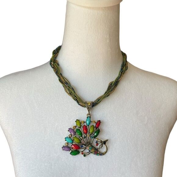 Peacock Faux Crystal Beaded Necklace Statement Fashion Jewelry NWT - Picture 1 of 8